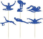 Ephlyn 24PcsSwim Cupcake Toppers Summer Swimming Cupcake Toppers Picks Black Swimming Cake Topper for Swim Party Birthday Baby Shower Kids Birthday Party Cake Decorations Supplies Blue