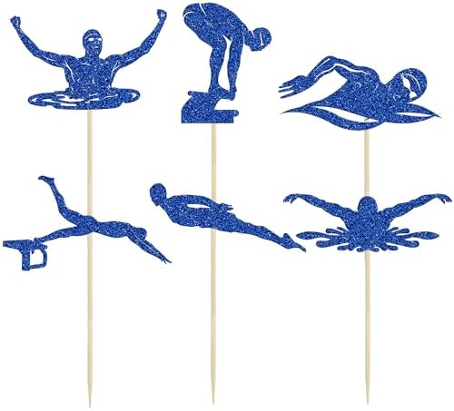 Ephlyn 24PcsSwim Cupcake Toppers Summer Swimming Cupcake Toppers Picks Black Swimming Cake Topper for Swim Party Birthday Baby Shower Kids Birthday Party Cake Decorations Supplies Blue