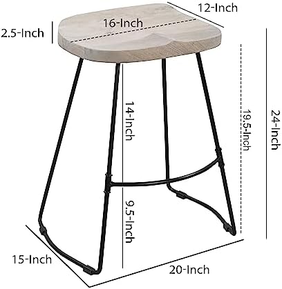 TIVA 24-Inch Handcrafted Backless Counter Height Stool, Whitewashed Mango Wood Saddle Seat, Black Metal Base
