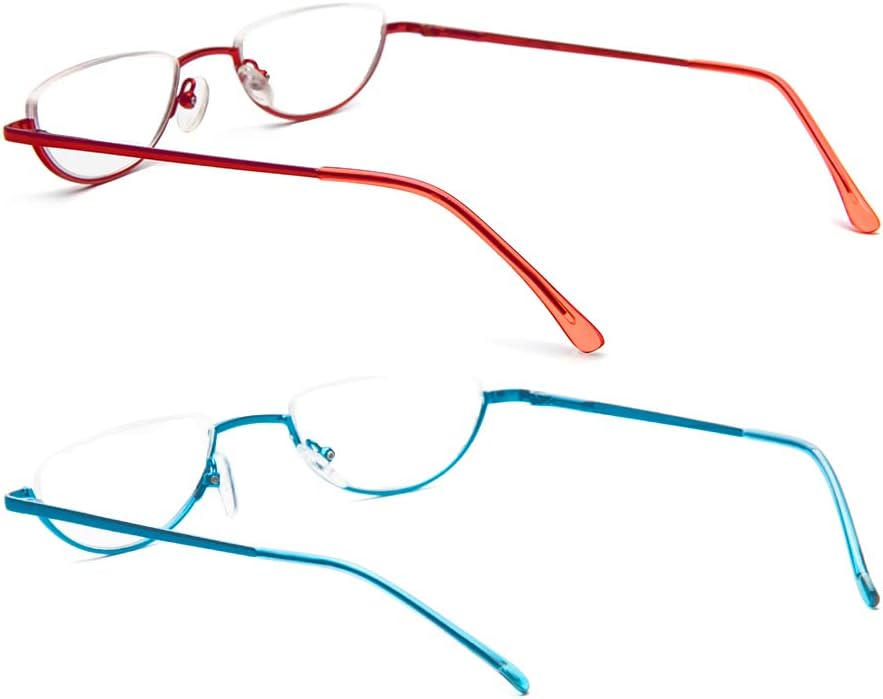 REAVEE 2 Pack Retro Designer Half Frame Reading Glasses for Women Men Spring Hinge Half Moon Readers Stylish Slim Eyeglasses with Pouch, Red and Blue 2.5