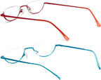REAVEE 2 Pack Retro Designer Half Frame Reading Glasses for Women Men Spring Hinge Half Moon Readers Stylish Slim Eyeglasses with Pouch, Red and Blue 2.5