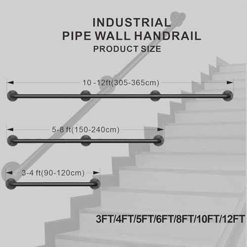 3FT Industrial Pipe Stair Railings Indoor, Hand Rails for Indoor Stairs, Wall Mounted Stair Handrail for Outdoor Steps, Heavy Duty Support Black Stair Railing for Loft Porch Deck(1 Section)