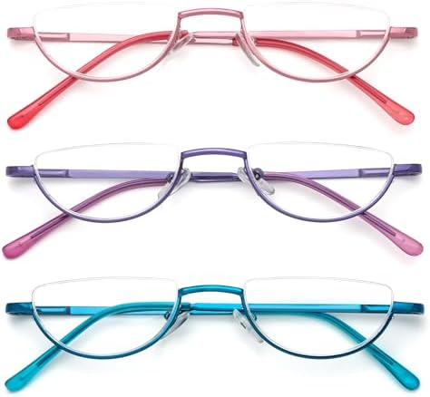 MMOWW 3 Pack Half Frame Reading Glasses for Women Men Slim Half Moon Lens Readers Semi Rimless Metal Frame Spring Hinges