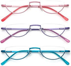 MMOWW 3 Pack Half Frame Reading Glasses for Women Men Slim Half Moon Lens Readers Semi Rimless Metal Frame Spring Hinges