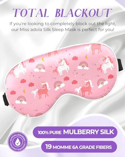 Miss Adola Sleep Mask for Kids - Silk Eye Mask for Sleeping Cute Cartoon Kids Sleep Mask for Boys Girls Teens Soft Smooth Adjustable Straps Silk Kids Eye Cover, PK Rainbow Unicorn