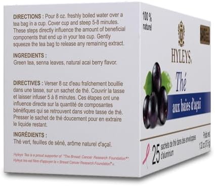 Hyleys Acai Berry Senna Green Tea - Natural Gentle Laxative for Constipation Relief - 25 Tea Bags