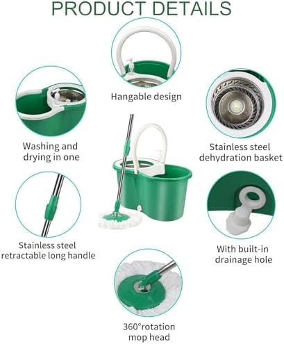 Hand Free Household Mop and Bucket with Wringer Set,Operable 360 ° Rotating Mop Bucket Set with 3 Microfiber Replacement Head and Stainless Steel 56" Extended Handle for Office and Home use(Green)