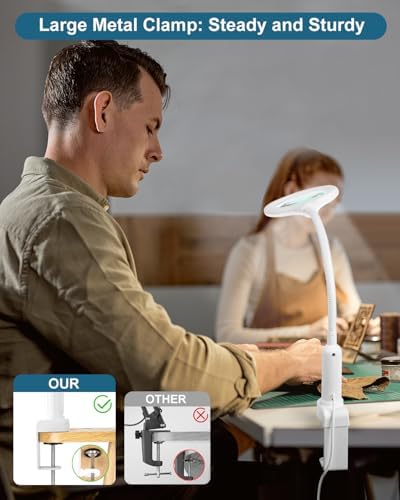 10X Magnifying Glass with Light and Stand, LED 5 Color Modes, Brightness Stepless Dimming Lighted Magnifier Hands Free, Flexible Gooseneck Desk Lamp with Clamp for Close Works, Crafts, Hobby - White