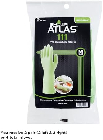 SHOWA 111 Skin-Friendly Dishwashing Gloves, Latex-Free PVC, Reusable Housekeeping Gloves with Cotton Liner, Non-Slip Grip for Kitchen & Gardening, Made in Japan, Medium, 2-Pairs
