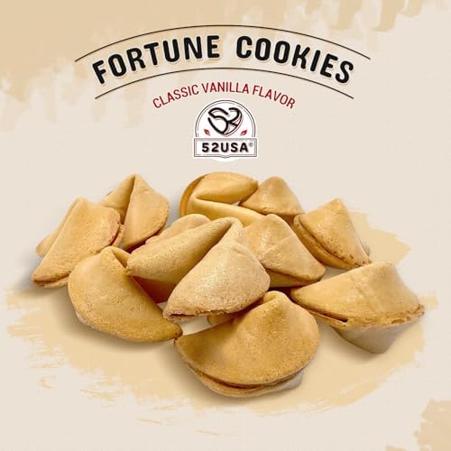 52USA Fortune Cookies 50 Count Individually Wrapped Bulk, Vanilla Flavor Crisp Funny Misfortune Cookies 8oz, Premium USA Made, Kids/Party/Valentine Treats, Chinese New Year Snacks, Fun Fortune Notes