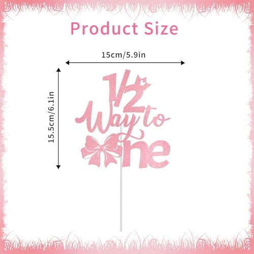 Half Birthday Decorations for Girls, Pink Bow 1/2 Birthday Cake Topper for 6 Months Baby, Halfway to One Baby Girl Party Supplies