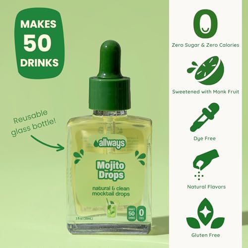 Allways Drops Natural Mojito Mocktail Drops | Sugar-Free, Zero Calories, Monk Fruit Sweetened | Glass Bottle for On-the-Go Hydration | Kids & Adults | 50 Servings