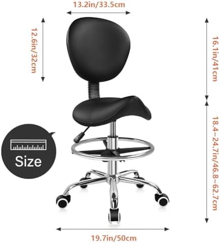 KKTONER Black Saddle Drafting Chair with Back Swivel Office Chair with Footrest Height Adjustable for Work Home Computer Task Stool Chair with Wheels