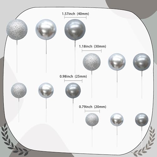 Ephlyn 30Pcs Ball Cake Picks Colorful Ball Shaped Cake Topper Pearl Balls Cupcake Cake Insert Topper for Birthday Party Decoration Supplies Pearl Silver Glitter Silver