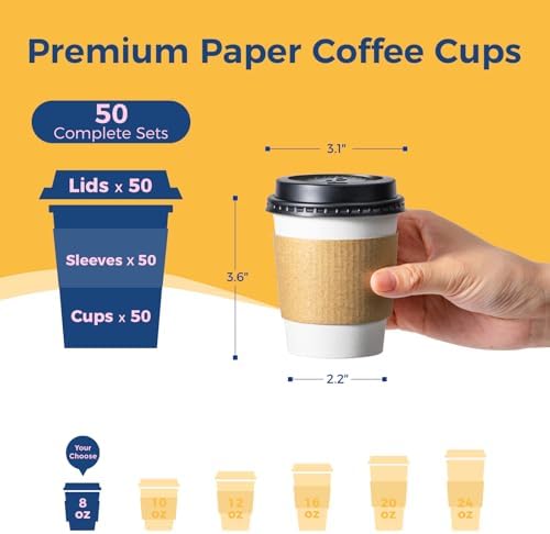Fit Meal Prep 50 Pack 8 oz Disposable Coffee Cups with Lids, Sleeves, Leak-Proof To Go Coffee Cups with Lids, Durable Paper Cups for Hot Beverage, Home, Office, Party