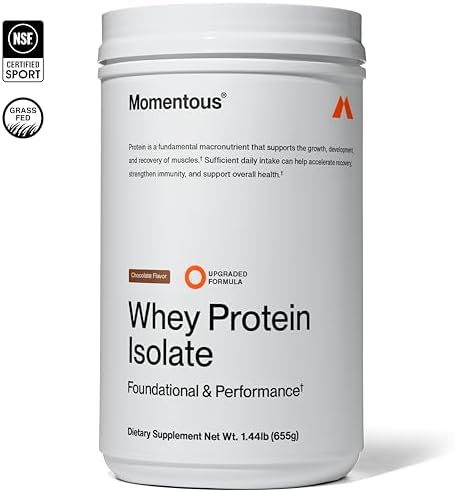 Momentous Essential Grass-Fed Whey Protein Powder – 20 g Whey Isolate Protein – NSF Certified for Sport – Gluten-Free – 25 Servings for Essential Everyday Use – Chocolate – Net WT 1.44 LB (655 g)
