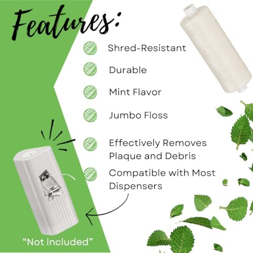 Dental Floss Refill 200 Yards Each, Shred-Resistant Durable Large Jumbo Mint Waxed Spool Floss Refill Bulk Pack with Green Translucent Dispenser (5-Pack)