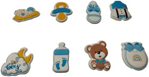 Edible 8pcs Blue Boys Baby Showers Themed Cake Decorations Dessert Sugar Sprinkles Party Cookie DIY Cake Cupcake Topper Icing Frosting Decoration Holiday Supplies