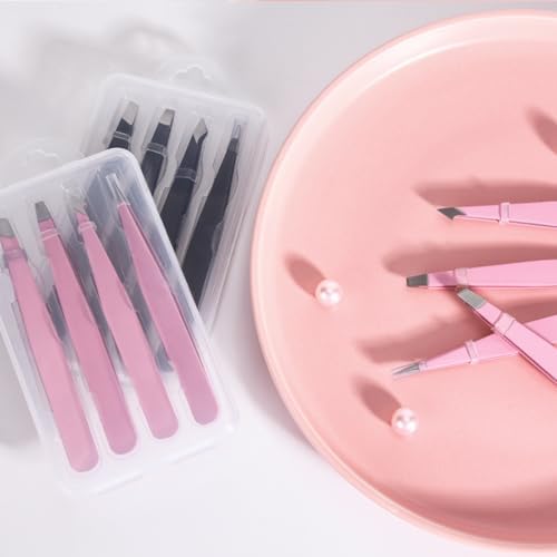 4 pack Tweezers Set, Precision Stainless Steel Straight Curved for Professional Eyelash Artists(Pink)