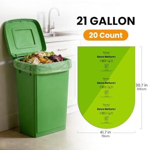 GreFusion Compostable Trash Bags 21 gallon,20 Count,Extra Thick 1.28 Mills,Fits13-25 gallon trash can, Extra Strong and thick,Compostable Lawn & Leaf Yard Waste bags,ASTM D6400,Bpi Certified