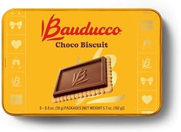 Bauducco Choco Biscuit Cookies Gift Tin – Crispy Chocolate-Covered Biscuits, Individually Wrapped for Snacking, Sharing, or Holiday Gifting, 5.7 oz (Pack of 9)