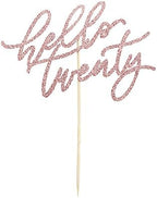 Hello Twenty Cake Topper, Happy 20th Birthday Cake Decorations, Handwriting Script 20th Anniversary Party, Rose Gold Glitter