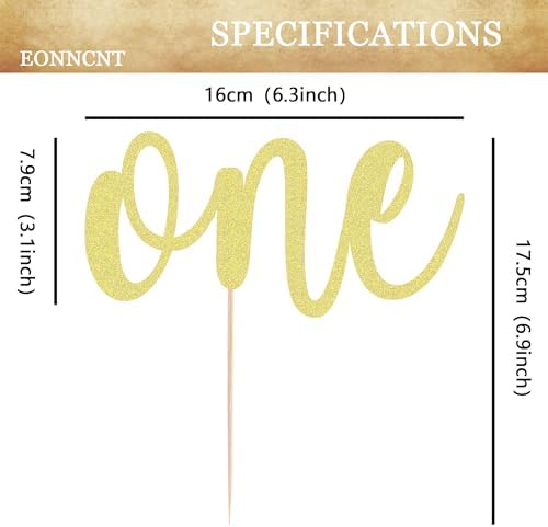 One Cake Topper - Gold Glitter 1st Birthday Cake Decorating Supplies for Boys or Girls, First Birthday Cake Topper for Baby Shower 1st Birthday Party Supplies Photo Booth Props