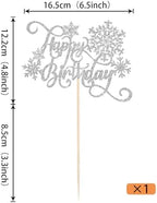 Rsstarxi Snowflake Happy Birthday Cake Topper - Silver Glitter Winter Cake Pick for Baby Shower and Snowflake Theme Party Decorations (1 Pack)