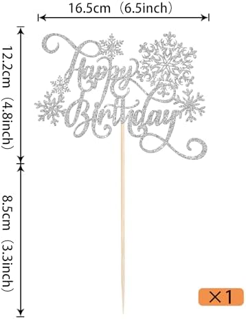 Rsstarxi Snowflake Happy Birthday Cake Topper - Silver Glitter Winter Cake Pick for Baby Shower and Snowflake Theme Party Decorations (1 Pack)