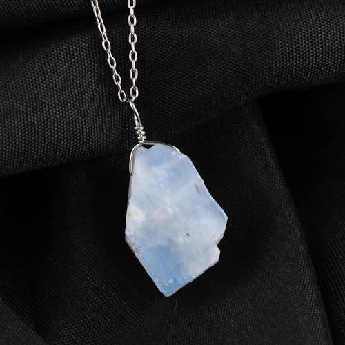 InfinityGemsArt Raw Rainbow Moonstone Crystal Pendant Necklace, Rough Gemstone, Blue Fire, Birthstone, Chakra Healing Stones, Women Jewelry, Rhodium 925 Silver Chain 20 inch, Natural Rock