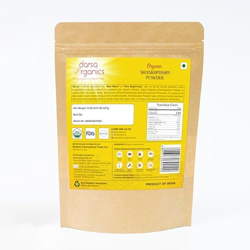 Darsa Organics Shankhpushpi Powder 8oz - USDA Organic Convolvulus Pluricaulis, Enhances Memory, Reduces Stress and Anxiety, Promotes Sleep, Perfect for Herbal Tea, Vegan, Non-GMO, Kosher
