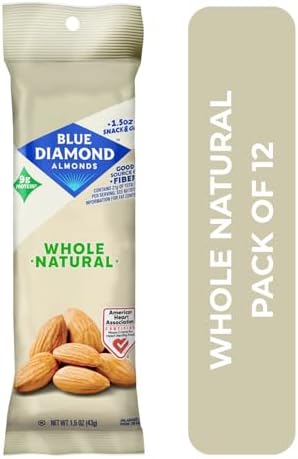 Blue Diamond Almonds, Whole Natural Flavored Snack Nuts, Single Serve Bags (1.5 Oz. Tubes, Pack of 12)