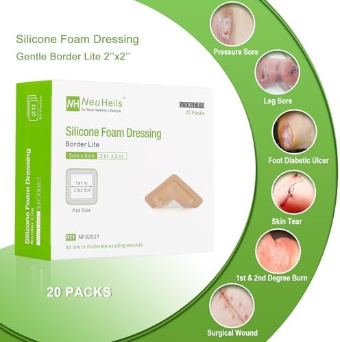 NeuHeils Silicone Foam Dressing Gentle Border Lite 2''x2'', Pad Size 1''x1'', 20 Pack for Small Bed Sore Pressure Ulcer Wound Bandages Patches