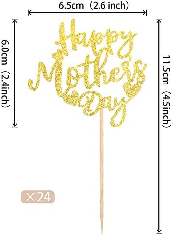 24 PCS Happy Mother's Day Cupcake Toppers with Glitter Heart Love Mother Best Mom Cupcake Picks for Happy Mother's Day Theme Women Birthday Party Cake Decorations Supplies Gold