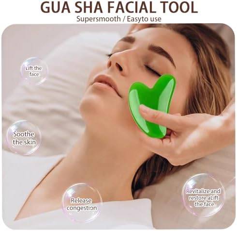 2 Pcs Face Jade Gua Sha Massage Tool-Face Massager Reduces Puffiness-Gua Sha Facial Tools Promotes Blood Flow-Easy to Hold Sculpting Tool-Heart Shape Guasha -Green