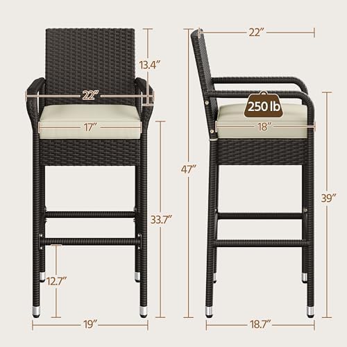 Yaheetech Outdoor Bar Stools Set of 2, Patio Wicker Chairs with Armrests, Footrests, Cushion for Porch Garden Balcony Backyard, Brown/Beige