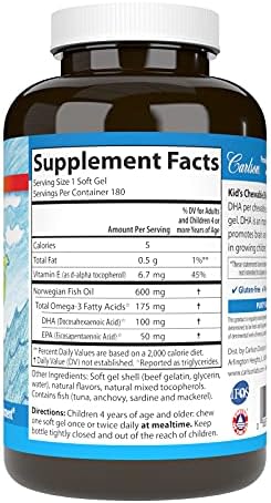 Carlson - Kid's Chewable DHA, 100 mg DHA, Brain Health, Vision Function, Growth & Development, Orange, 180 Chewable Softgels