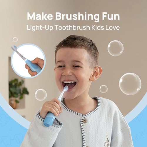 Papablic Kids Electric Toothbrush for Ages 4+ Children Girls and Boys, USB Rechargeable with Smart Brushing Timer, LED Light & 2 Replacement Brush Heads, Blue