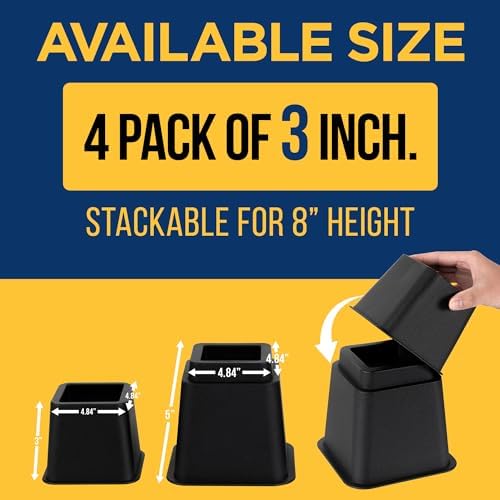 Lifemaster Furniture Riser Set - 4 Pieces Non-Slip Design Furniture Leg Riser fits with Bed, Chair, Table, Sofa, Desk, and Couches - Black