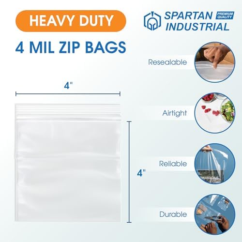 Spartan Industrial - 4" X 4" Clear Zip Bags (1000 Count) Heavy Duty 4 Mil Plastic Bags With Resealable Zipper to Bag Bolts, Seeds, and Small Parts
