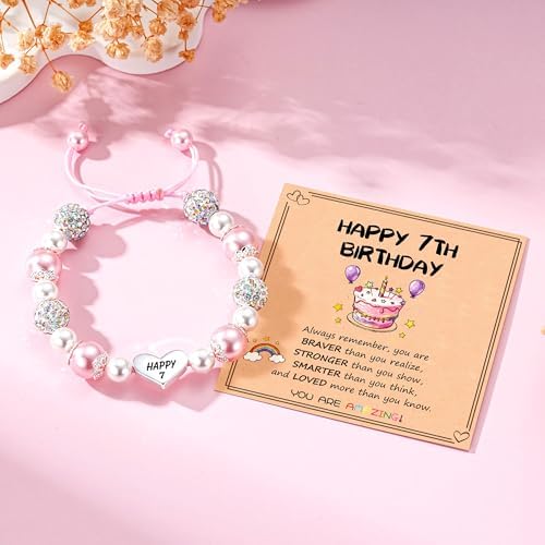Happy 3 4 5 6 7 8 9 10 11 12 Year Old Birthday Gifts for Girls, Adjustable Pink Pearl Heart Beaded Bracelet for Daughter Granddaughter Niece Birthday Christmas Gifts