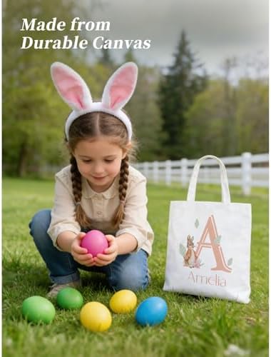 Custom Easter Canvas Tote Bags, Bunny Treat Easter Egg Hunt Bag with Personalized Name for Girls Boys