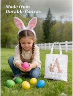 Custom Easter Canvas Tote Bags, Bunny Treat Easter Egg Hunt Bag with Personalized Name for Girls Boys