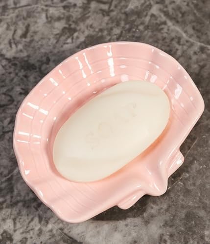 Ceramic Shell soap Box self draining European Design Sink Bathroom Shower soap Tray Anti-Slip soap Holder Multi-Functional Jewelry Stand Small and Cute, Pink