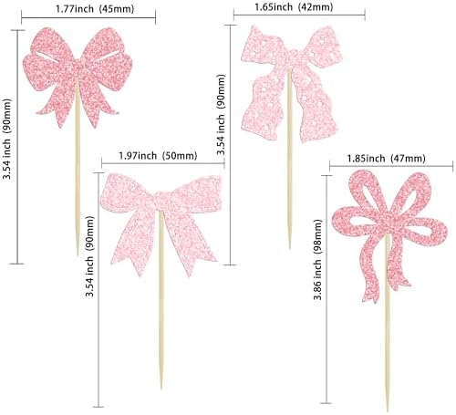 Ephlyn 24Pcs Pink Bow Cupcake Toppers Bow Birthday Cake Topper Girls Birthday Party Decorations Bowknot Cupcake Decorations for Bridal Wedding Themed Party Multi