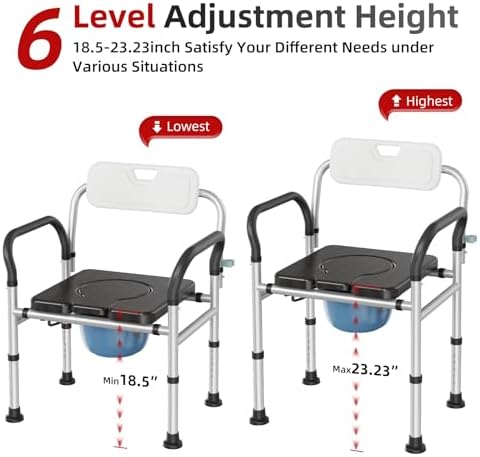 Heavy Duty Bedside Commode Chair with Adjustable Height, Raised Toilet Seat with Arms Handles and Back Support for Elderly, Portable Bedside Toilet with Bucket（Width 19.69")