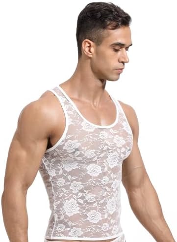 Men Lace Shirt See Through Tank Top Sleeveless Fishnet Sheer Underwear Sissy Lingerie for Crossdressers