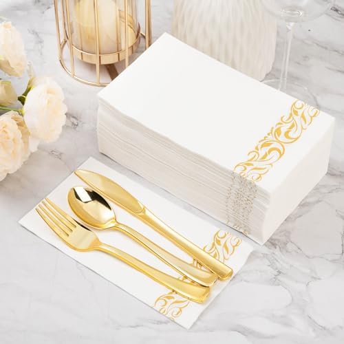 BESTVIP 200 Pack Disposable Paper Napkins, 3-Ply Dinner Napkins with Gold Trim for Guests, Bathroom Paper Hand Towels Soft and Absorbent, Perfect for Kitchen, Dinner, Party, Wedding or Event