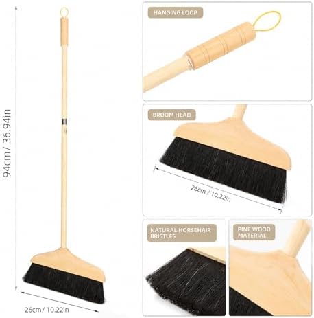 Mikikit Horsehair Broom with Long Handle Soft Bristle Sweeper Wooden Broom Indoor for Hardwood Floors Carpets Home Kitchen Office Pet Hair Cleaning