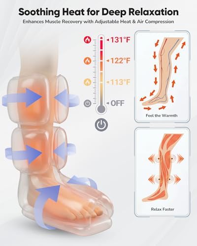 Air Compression Leg Massager with Heat : Foot and Calf Massager for Circulation and Pain Relief - 9 Intensity, 4 Modes, 3 Heating, Vibration, for Sitting/Standing Jobs & Home Use